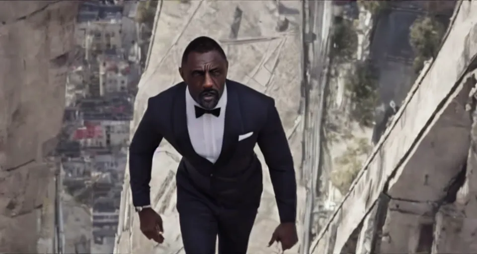 Image similar to idris elba as james bond, cinematic action scene, struggling to not fall off a building, straining, tuxedo, color corrected, promotional movie shot