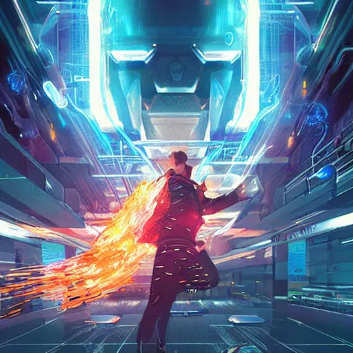 Prompt: raging flames in cyberspace, detailed digital illustration by greg rutkowski, android netrunner