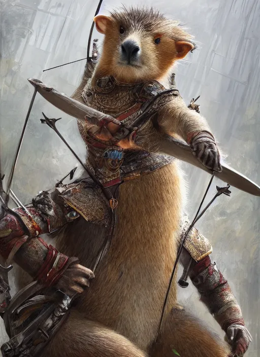 Prompt: detailed full body concept art illustration soft focus oil painting on canvas of an anthropomorphic capybara archer in full intricate clothing, biomutant, dystopian, micro detail, octane render, 4K