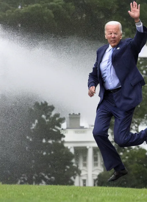 Image similar to joe biden is running terrified from a monster from predator that is chasing him on the white house lawn during a storm, photoealistic, scary