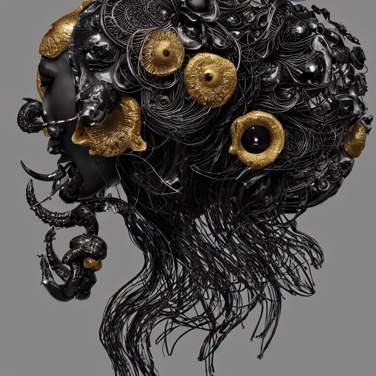 Image similar to black background. absolutely symmetrical sculpture. centered. goddess princess face close-up portrait ram skull. sculpture made of gold and black charcoal. jellyfish phoenix head, nautilus, orchid, skull, betta fish, bioluminiscent creatures, intricate artwork by Tooth Wu and wlop and beeple. octane render, trending on artstation, greg rutkowski very coherent symmetrical artwork. cinematic, hyper realism, high detail, octane render, 8k