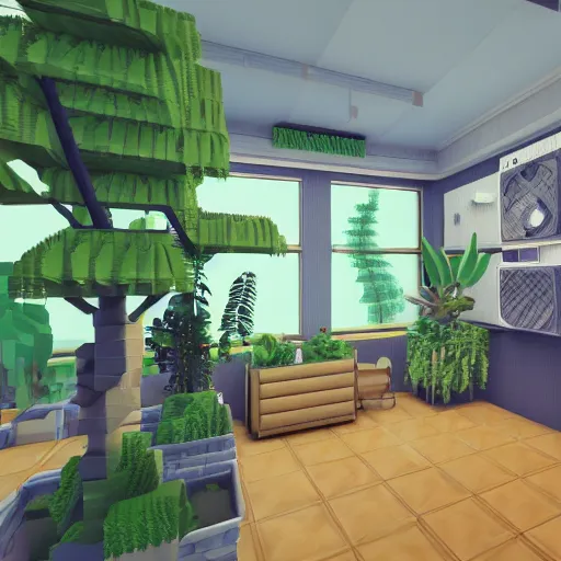 Prompt: a digital painting of a room containing a potted plant and a radio, framed with walls floor and ceiling, a low poly render by edward okun, symmetry, polycount, computer art, vaporwave, # screenshotsaturday, voxel art