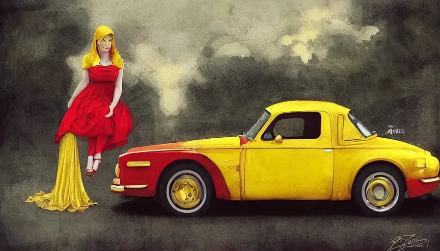 Image similar to a picture of a yellow-car parked next to a red-hydrant with a woman in a yellow-dress sitting on the hood, BEUTIFUL!, surreal, in style of Tom Bagshaw, artgerm, norman rockwell, Edward Hopper