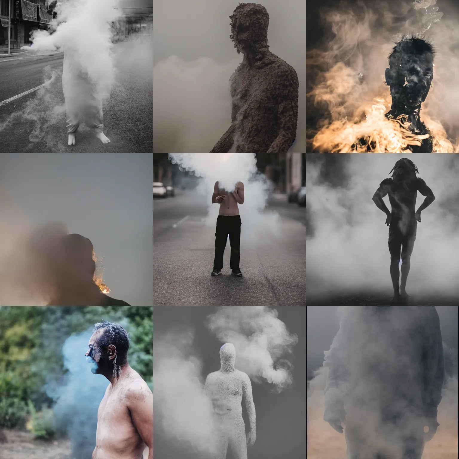 Prompt: Human figure made of smoke, Canon EOS R3, f/1.4, ISO 200, 1/160s, 8K, RAW, unedited