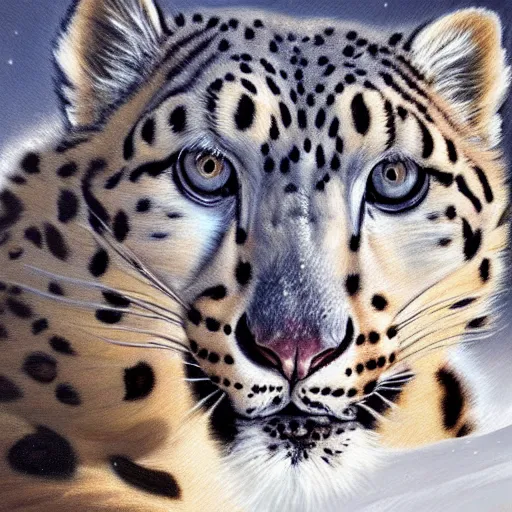 Image similar to oil painting of a snow leopard on canvas, by James gurney, realism, warm lighting, award winning, high detail, professional, volumetric lighting