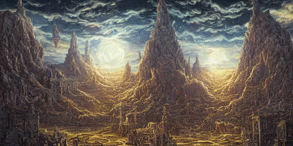 Prompt: an digital painting of the ancient city surrounded by magic guardians, collosal sculpture of faceless god in the middle, lovecraft style, intricate details, detailed sky, detailed structures, starry night, artstation, epic scenery, colourful light, cinematic, by marco bucci and vasnetsov