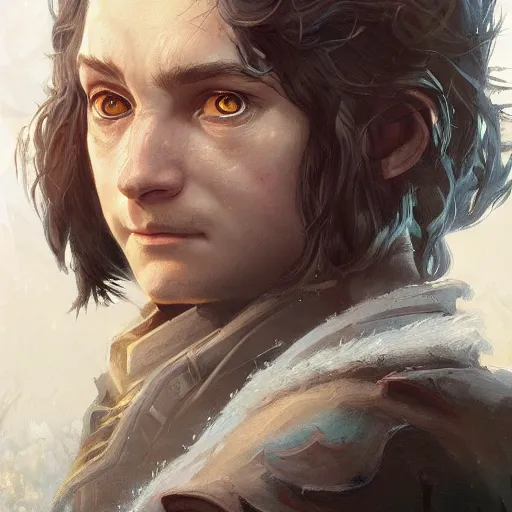 Image similar to masterpiece portrait of a RPG hobbit, D&D, fantasy, highly detailed, digital painting, sharp focus, illustration, art by artgerm and Edmiston and greg rutkowski and magali villeneuve