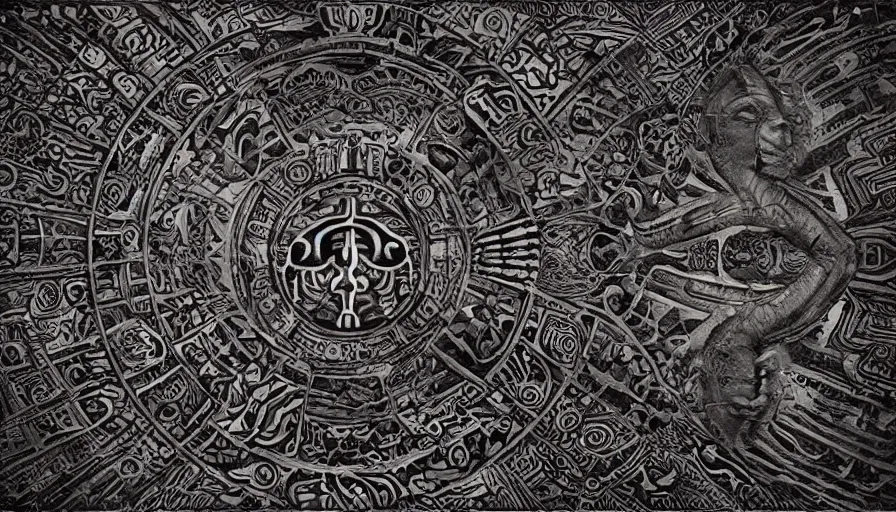 Image similar to ancient galactic pictogram sheet hybrid aztec fantasy beautiful angellic tattoo pattern concept, teonanacatl glyph, intricate artwork by, Johnatan Wayshak, Zdizslaw Beksinski, face by Artgerm, H.R. Giger, very coherent artwork, cinematic, hyper realism, high detail, octane render, unreal engine, 8k, High contrast, higly detailed black ink outline, crosshatch sketch gradient