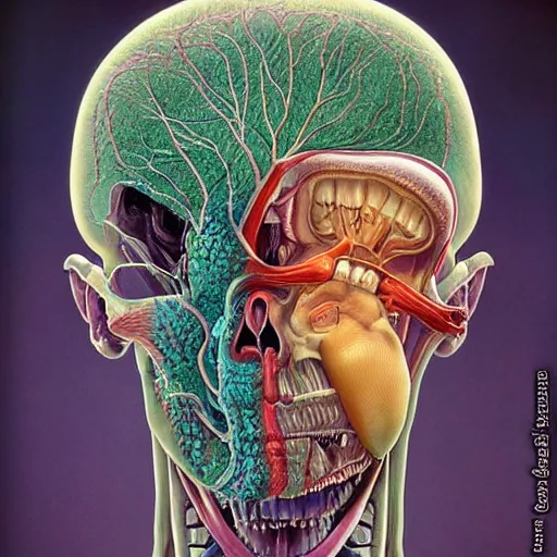 Image similar to nightmare etherreal iridescent vascular nerve bundles pearlescent spinal chord horror by naoto hattori, zdzislaw, norman rockwell, studio ghibli, anatomical cutaway