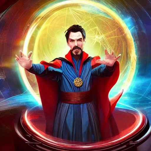 Prompt: dr strange summoning himself into a portal inside of a sandwich high atop a space mountain resort, highly detailed, photorealistic, artstation