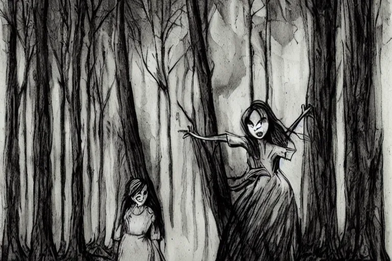 Image similar to mad girl wandering the woods hand in hand with shadow figure artwork by ben templesmith