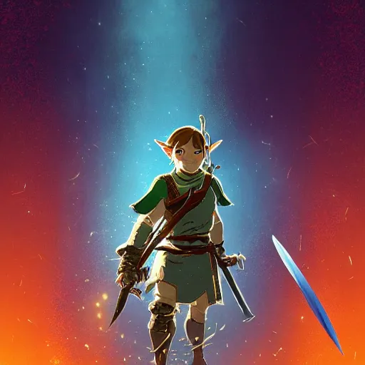 Image similar to a ultra detail picture portrait of A warrior in shimmering armor, the sun at their back, strides forward with sword held high. They are the embodiment of courage and strength, and they are ready to fight for what is right. vivid tones, wide angle, by miyazaki, nausicaa ghibli, breath of the wild, 8k, photorealistic,