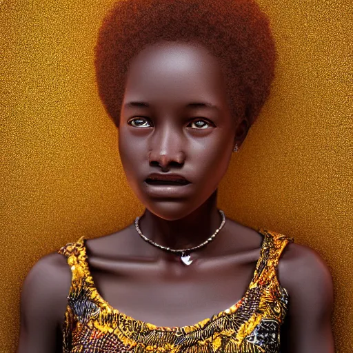 Image similar to extreme detail, african teenager, female, charles vess, gold silk clothes, klimt, hyperealistic, hdri lighting, octane