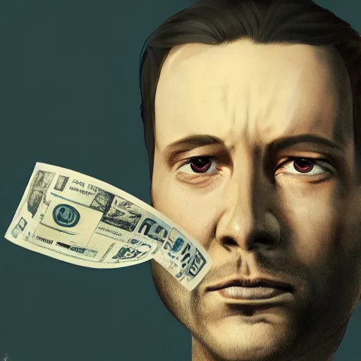 Image similar to portrait of sad man holding out his last dollar bill. Trending on artstation