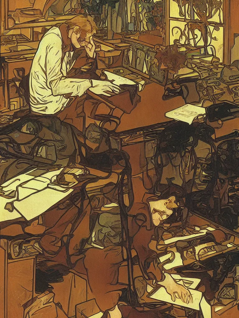 Prompt: John Carmack sleeping at desk near 90s computer running quake II, alphonse mucha style, impressionistic