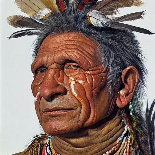 Image similar to high quality high detail painting by lucian freud, hd, portrait of a indigenous tribe leader with feathers, photorealistic lighting