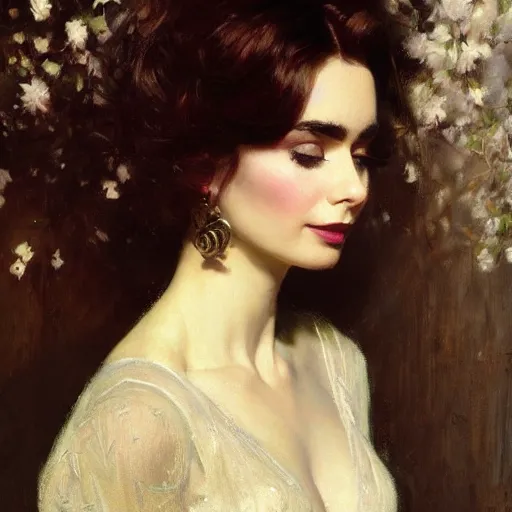 Image similar to detailed portrait of lilly collins in black clothes, spring light, painting by gaston bussiere, craig mullins, j. c. leyendecker