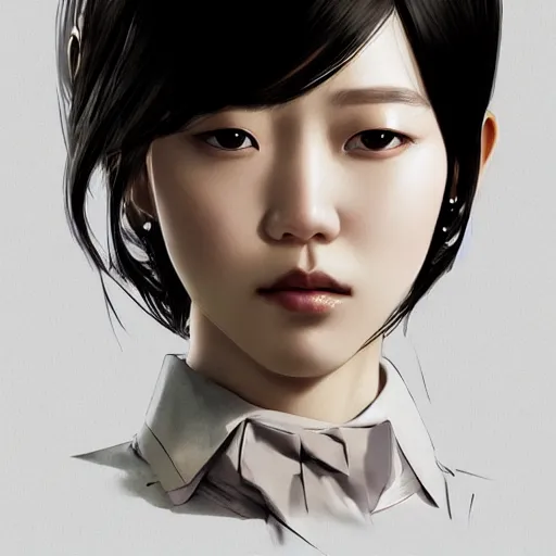 Image similar to portrait of a beautiful korean girl wearing a men's tuxedo, with bangs, very long hair and bangs, angular features, angry expression, dramatic lighting, illustration by Greg rutkowski, yoji shinkawa, 4k, digital art, concept art, trending on artstation