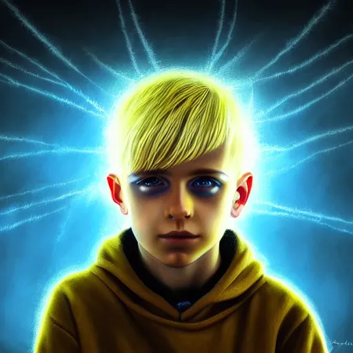 Image similar to powerful eyes glowing highly detailed painting of deep sadness alone, young blonde boy, fractal electricity surrounding him, expressive emotional sadness piece, trending on art station, abstract emotional sadness expression, very very very beautiful, fantasy digital art