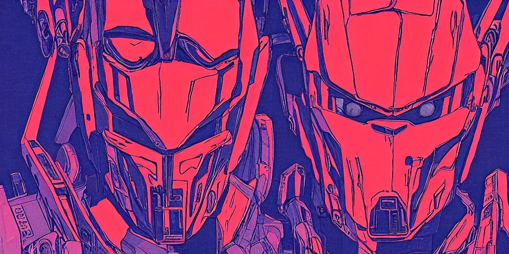 Image similar to risograph grainy painting of gigantic huge evangelion - like complicated agundam mech face with a lot of details and lasers covered ooze, by moebius and dirk dzimirsky and satisho kon, close - up wide portrait