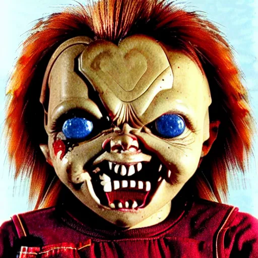 Prompt: Chucky doll, horror, creepy, distorted, evil, haunting, imploded