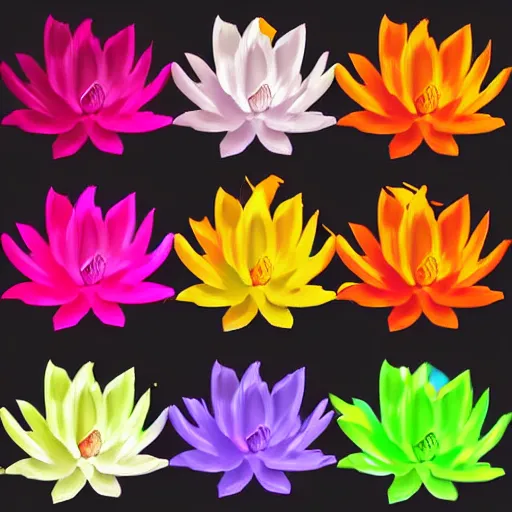 Image similar to different colored lotus flowers, digital art, trending on artstation