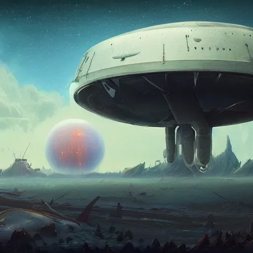 Image similar to a digital painting of a gigantic big enormous ufo spaceship in the sky on earth concept art by simon stalenhag and peter mohrbacher cgsociety, speedpainting, apocalypse art. unreal engine. hyper - realistic. photo realistic. 3 d render. octane render. detailed masterpiece. extreme wide shot.