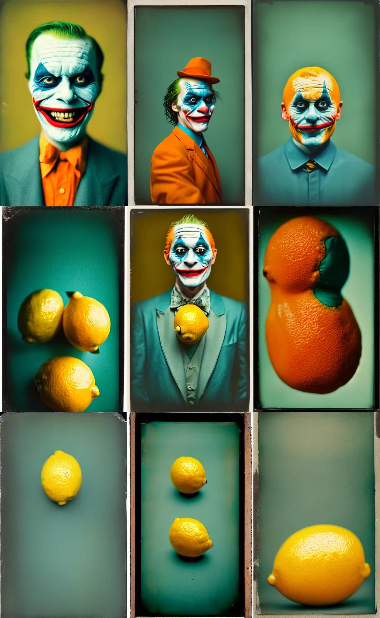 Image similar to kodak portra 4 0 0, wetplate, 8 k, shot of a highly detailed, britt marling style, colour still - life portrait of a lemon looks like 1 9 9 9 joker, teal and orange, muted coloures