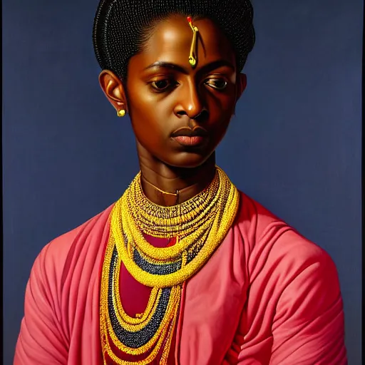 Image similar to A portrait of a skinny stylish and beautiful non-binary person, dark skin tone, Indian, oil painting by Kehinde Wiley, majestic, detailed, high resolution