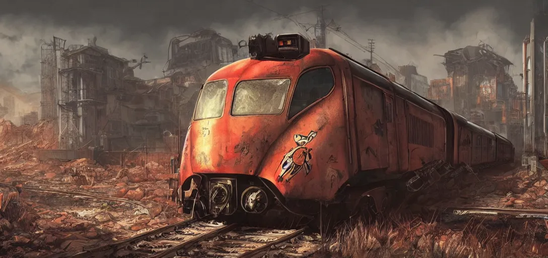 Prompt: Fallout Train Concept Art, black background, vibrant colors, 8k photorealistic, HD, high details, trending on artstation