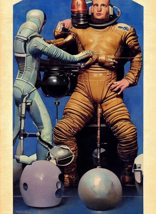 Image similar to 5 0 s pulp scifi fantasy illustration full body portrait martyn ford in spacesuit meets alien man from venus, by norman rockwell, roberto ferri, daniel gerhartz, edd cartier, jack kirby, howard v brown, ruan jia, tom lovell, frank r paul, jacob collins, dean cornwell, astounding stories, amazing, fantasy, other worlds