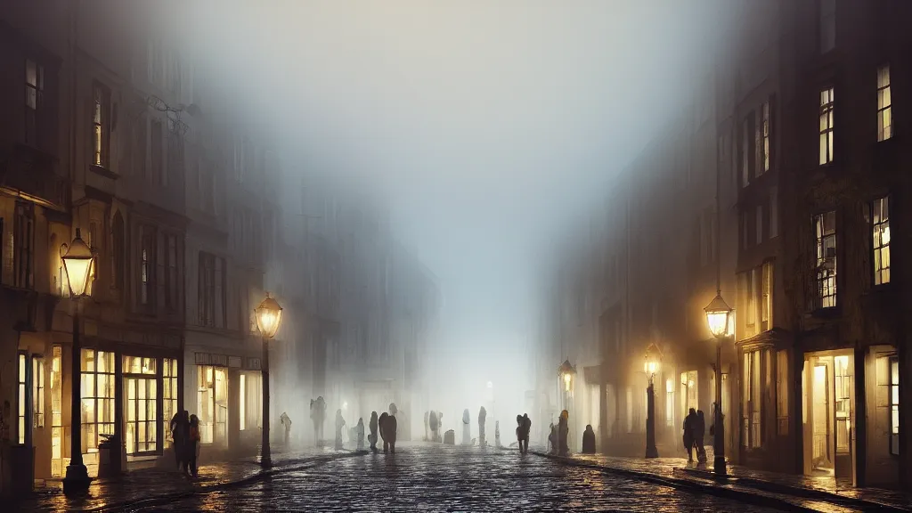 Prompt: many peoples on street of the old town with houses in the windows of which the light is on. early morning, fog on ground, wet street. mike barr painting. volumetric light, dull colors, dark, noir arthouse, 3 5 mm, hight detalied, hd, 4 k