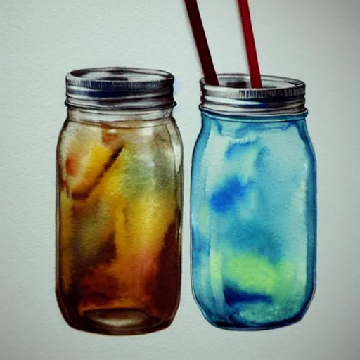 Image similar to Ice Tea in a mason jar, Watercolor, photorealistic, high resolution, award winning, trending on artstation, art by artgerm