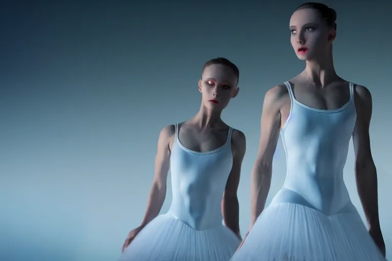 Prompt: vfx film closeup, futuristic ballerinas stand - off, flat color profile low - key lighting award winning photography arri alexa cinematography, hyper real photorealistic cinematic, atmospheric cool colorgrade