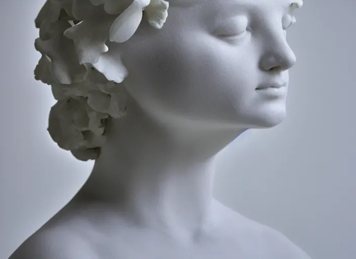 Image similar to full head and shoulders, beautiful female porcelain sculpture by daniel arsham and raoul marks, smooth, all white features on a white background, delicate facial features, white eyes, white lashes, detailed white 3 d giant poppies on the head