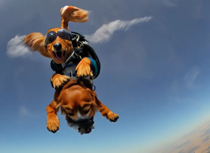 Prompt: Dauchshund skydiving