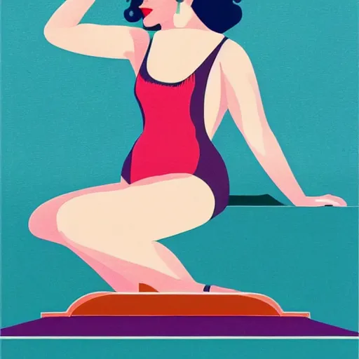 Prompt: a painting of a woman in a bathing suit sitting on a boat, an art deco painting by tom whalen, trending on behance, art deco, digital illustration, storybook illustration, art deco