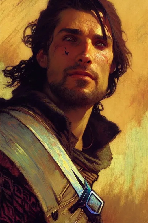 Image similar to attractive man, witcher, cool colors, painting by gaston bussiere, craig mullins, greg rutkowski, alphonse mucha