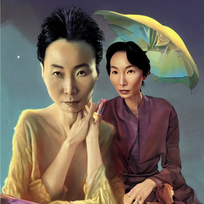 Prompt: maggie cheung, science fiction, extremely detailed, sharp focus, pastel colors, intricate, hard light, illustration, volumetric lighting, digital painting, by roger dean, by santiago calatrava, by vermeer