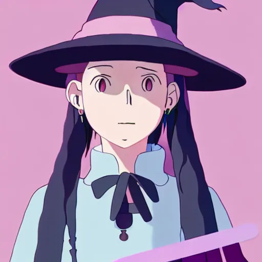 Image similar to A young adult witch with a pastel lesbian aesthetic, Studio Ghibli, character design, fantasy, 8k resolution