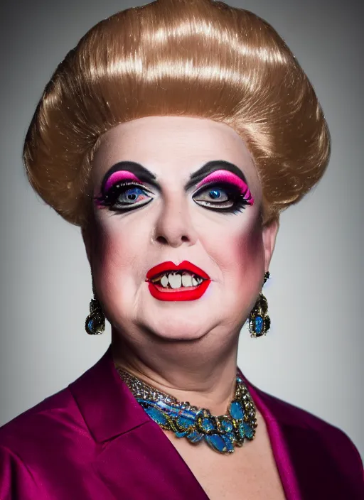 Image similar to studio portrait of lindsey graham in full drag dressed in drag dressed as a woman makeup, 8 k, studio lighting, key light, back light, sequents,