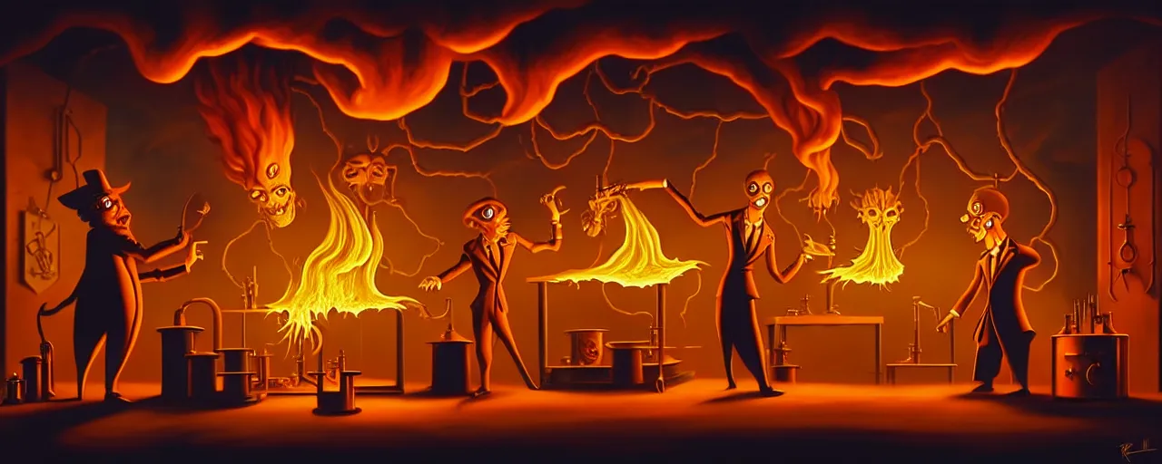 Image similar to uncanny alchemist monsters in a fiery alchemical lab, dramatic lighting, surreal 1 9 3 0 s fleischer cartoon characters, surreal painting by ronny khalil