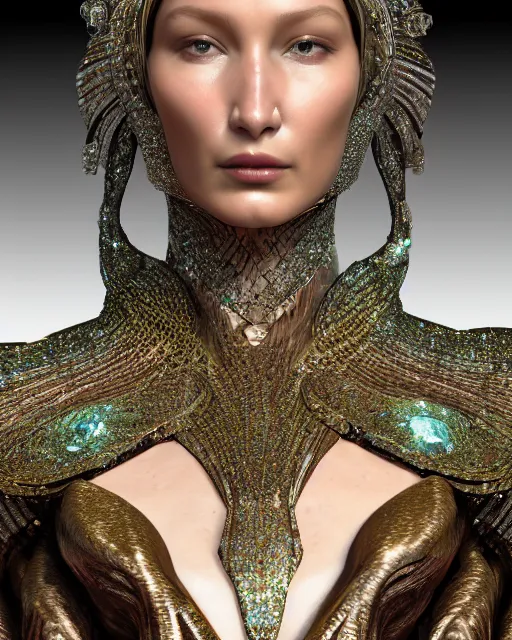 Image similar to a highly detailed metahuman 4 k close up render of an alien goddess bella hadid monument face accessories in iris van herpen dress schiaparelli in diamonds crystals swarovski and jewelry iridescent in style of alphonse mucha gustav klimt trending on artstation made in unreal engine 4