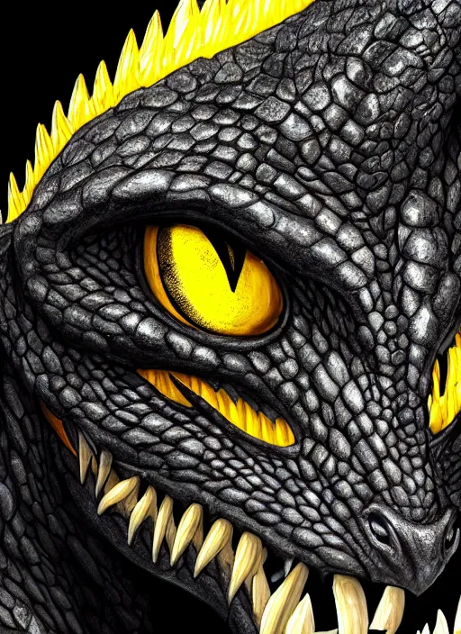 Image similar to closeup portrait of black dragon head with yellow eyes, ultra realistic, fantasy, magic, dnd,