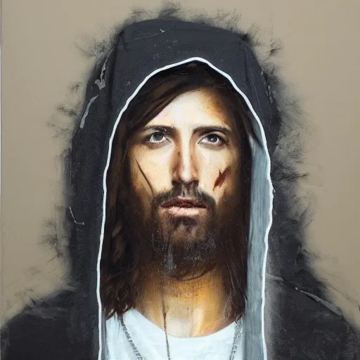 Image similar to a full body lookbook portrait of modern - day jesus wearing hat and hoodie by nicola samori, hat and hoodie, detailed, oil painting, hyper - realistic, 8 k, yeezy collection