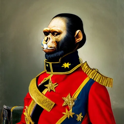 Image similar to An exquisite modern painting of a chimpanzee dressed like a bearded Napoleon with correct military uniform, no frames