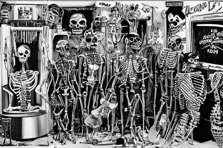 Image similar to scene from amusement arcade, day of the dead, cyber skeletons, queen in black silk in the center, neon painting by otto dix