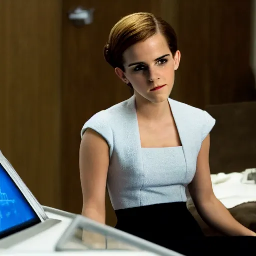 Image similar to emma watson in wolf of wall street. imax movie still.