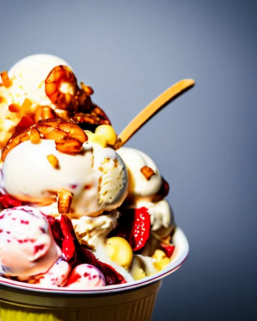 Image similar to dslr food photograph of an ice cream sundae with shrimps on. 8 5 mm f 1. 4