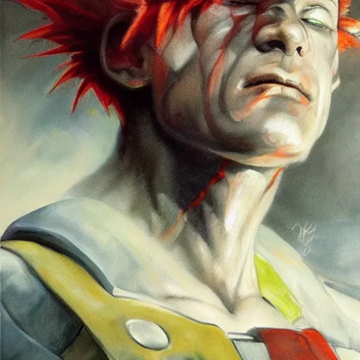 Image similar to ultra realistic portrait painting of hisoka as master chief, art by frank frazetta, 4 k, ultra realistic, highly detailed, epic lighting